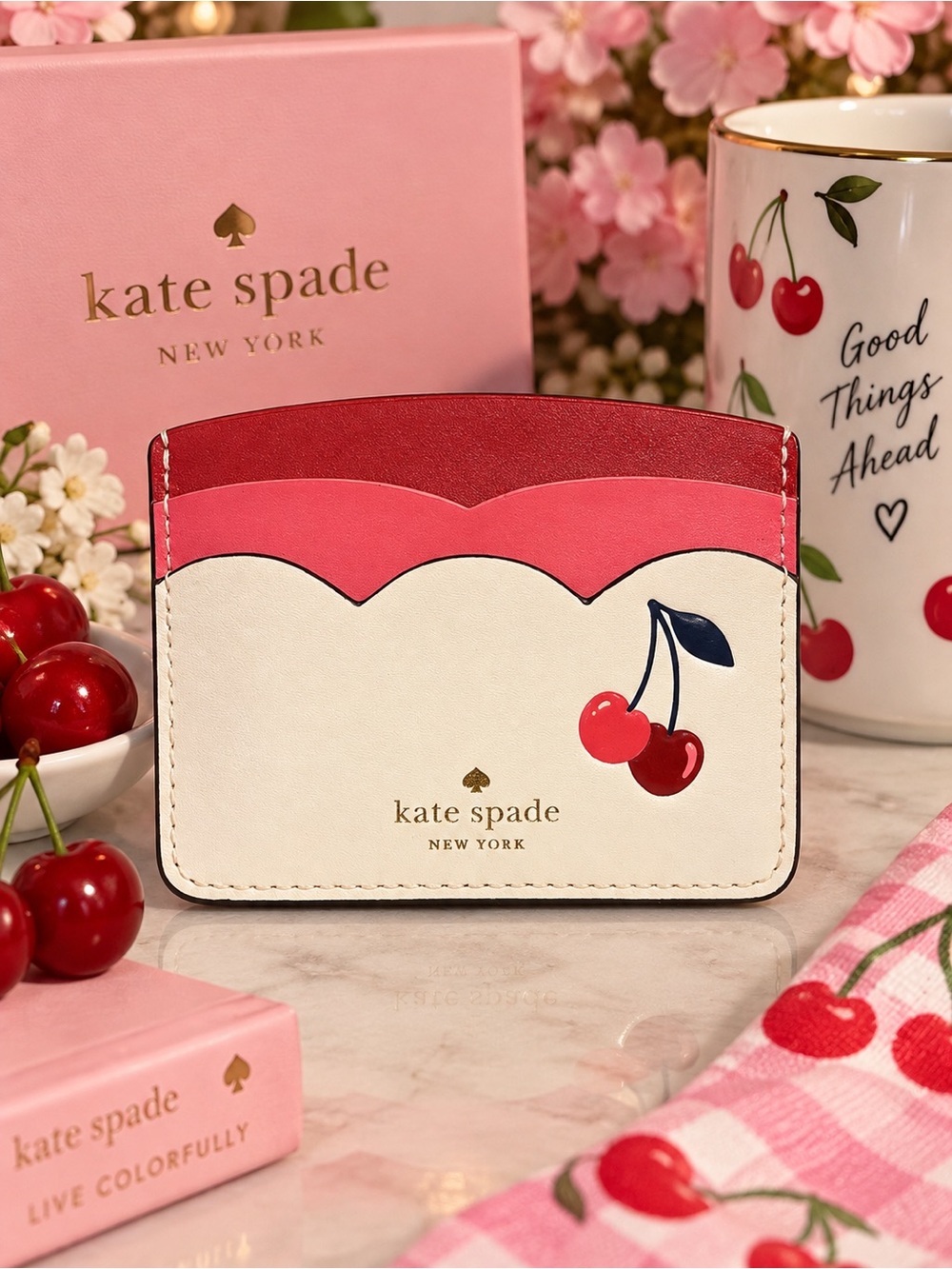 Kate Spade Cherry Scallop Cardholder Wallet Red Pink Cream